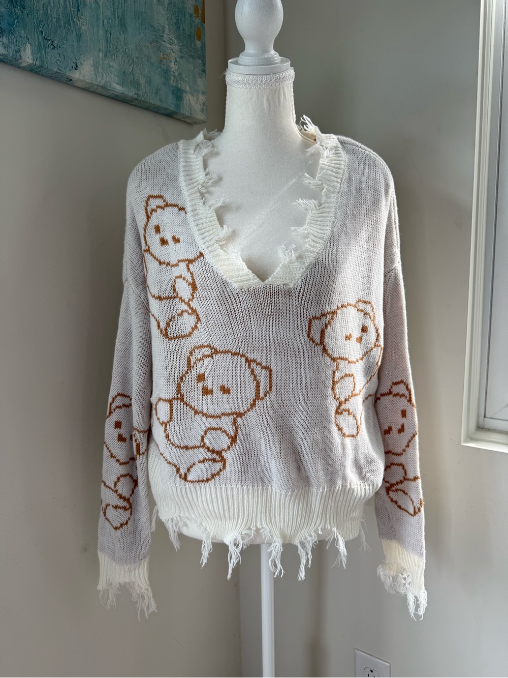 Just Polly White Kawaii Distressed Teddy Bear Sweater Soft Grunge Small